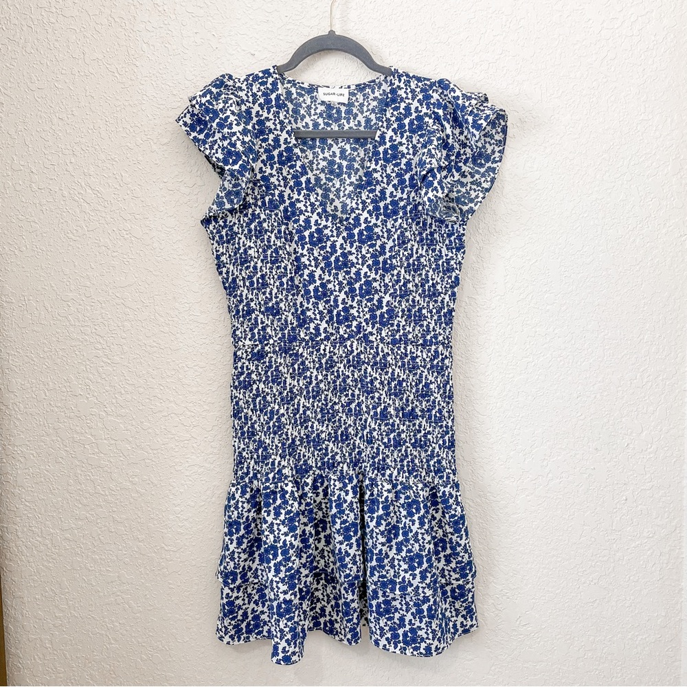 Sugar lips Navy White Floral Pattern Smocked Dress with Sleeve Detail Size Large
